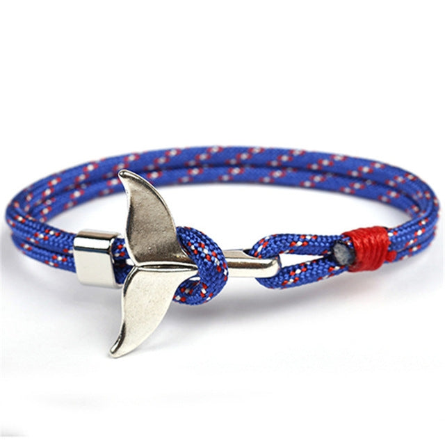 Blue and red rope bracelet with whale-tail anchor charm and silver clasp