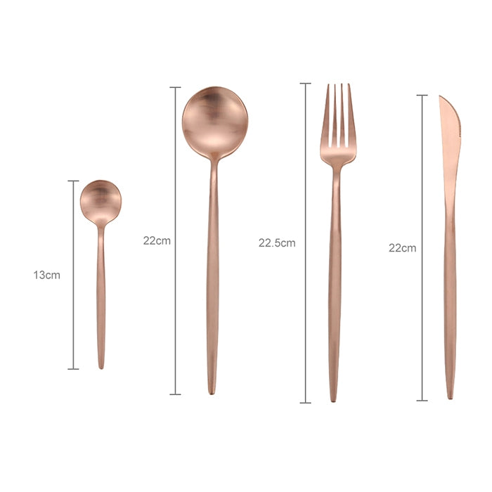 Rose gold cutlery set size diagram for spoon, fork, and knife