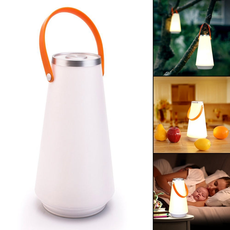 Rechargeable portable LED table lamp with orange handle and white lantern body