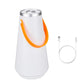 Rechargeable LED lamp with white body, orange carry handle, and silver top
