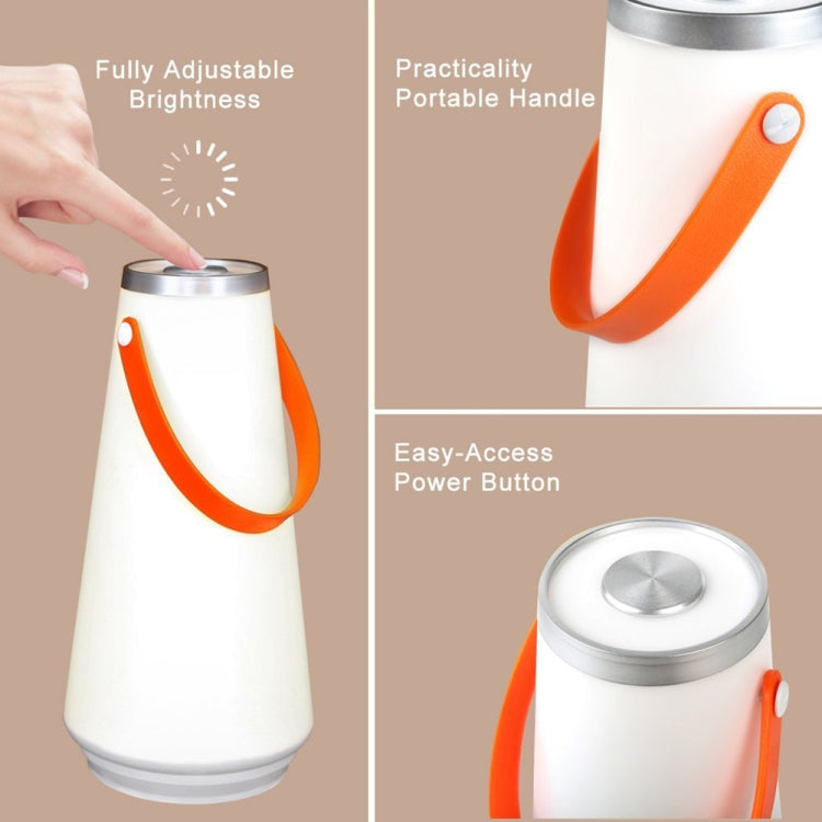 White rechargeable LED lantern lamp with orange handle and silver touch power button