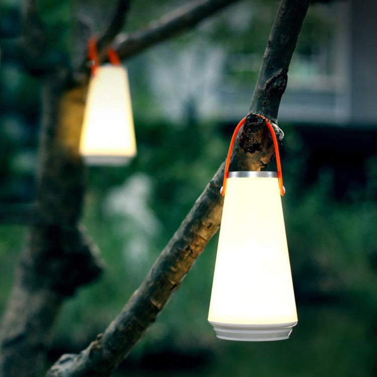 Hanging rechargeable LED lantern lamp with orange handle and glowing white shade