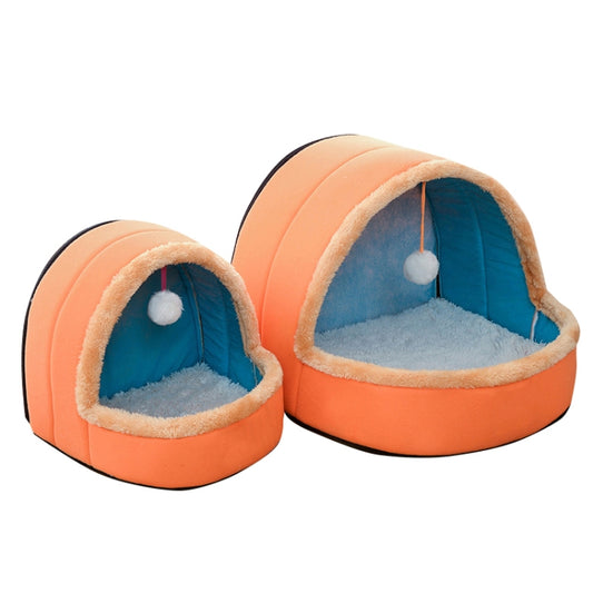 Two sizes of orange foldable pet cave beds with plush trim, blue interior, hanging toy