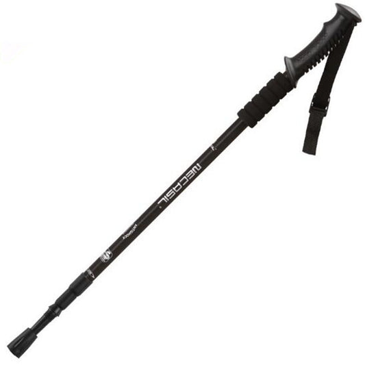 Black three-section trekking pole with straight handle, black grip, and wrist strap
