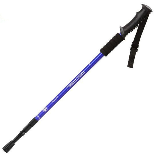 Blue three-section trekking pole with straight handle, black grip, and wrist strap