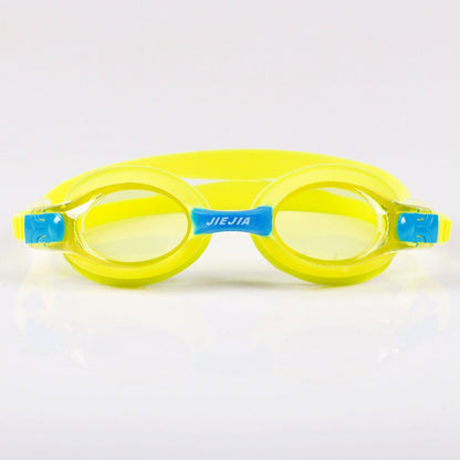 Children's yellow silicone swimming goggles with clear lenses and adjustable strap