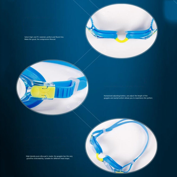 Children's blue silicone swimming goggles, close-up of clear lenses and frame