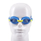 Children's blue silicone swimming goggles on a face mannequin with adjustable strap