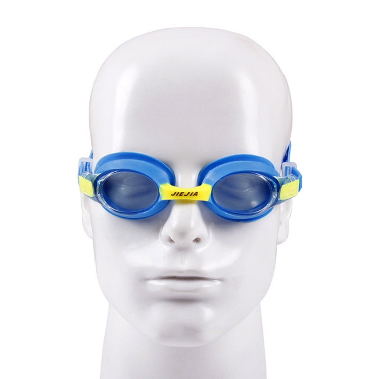 Children's blue silicone swimming goggles on a face mannequin with adjustable strap