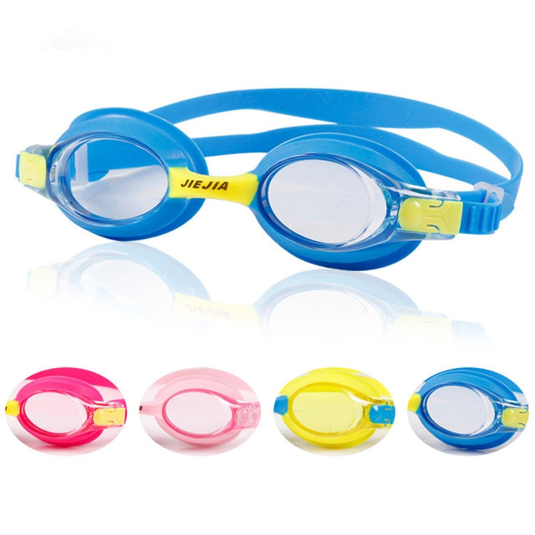 Set of children's silicone swimming goggles in blue, yellow, pink, and red