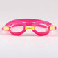 Children's pink silicone swimming goggles with clear lenses and gold-toned buckles