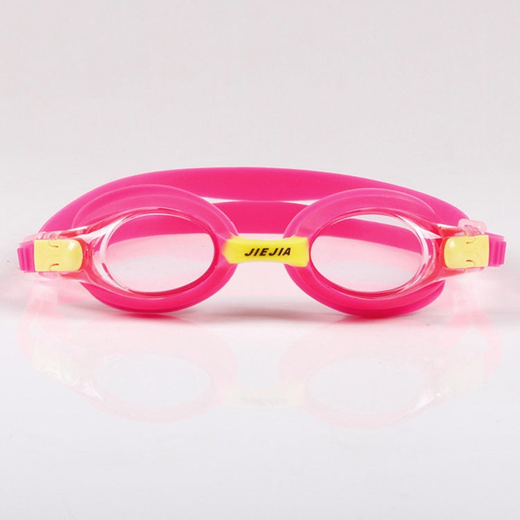Children's pink silicone swimming goggles with clear lenses and gold-toned buckles