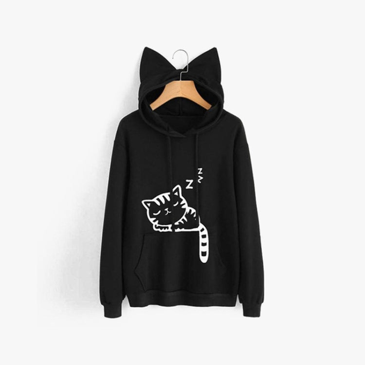 Black cat-ear hooded sweatshirt with front pocket and white cat graphic