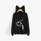Black women’s hoodie with cat-ear hood, front pocket, and cat sleeping graphic