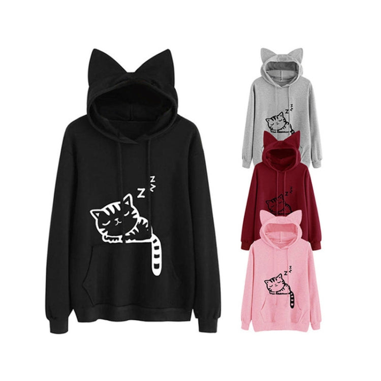 Cat-ear hoodies in black, gray, burgundy, and pink, each with front pocket and graphic