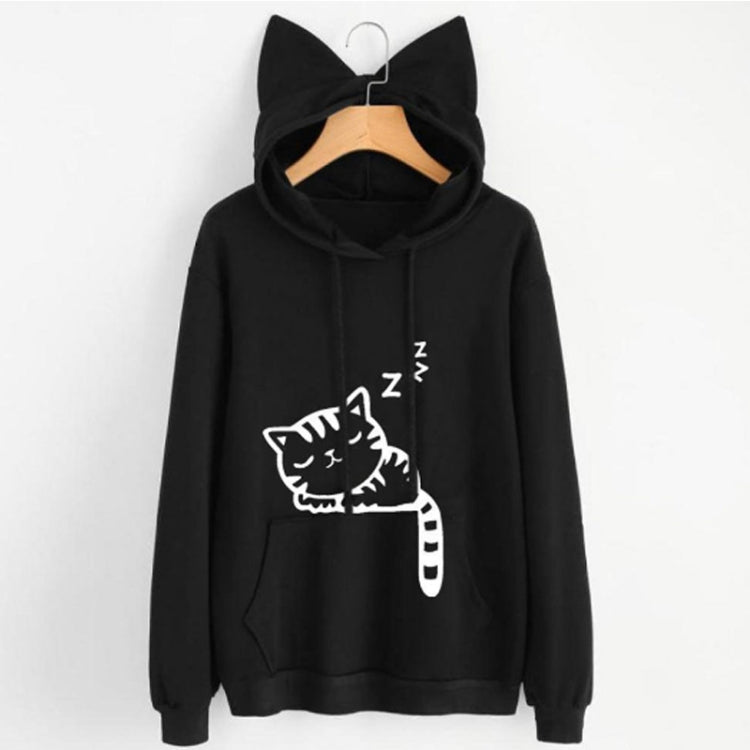 Black cat-ear hoodie with front pocket and white cat graphic on chest