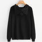 Black hooded sweatshirt with bow detail at back neckline and long sleeves