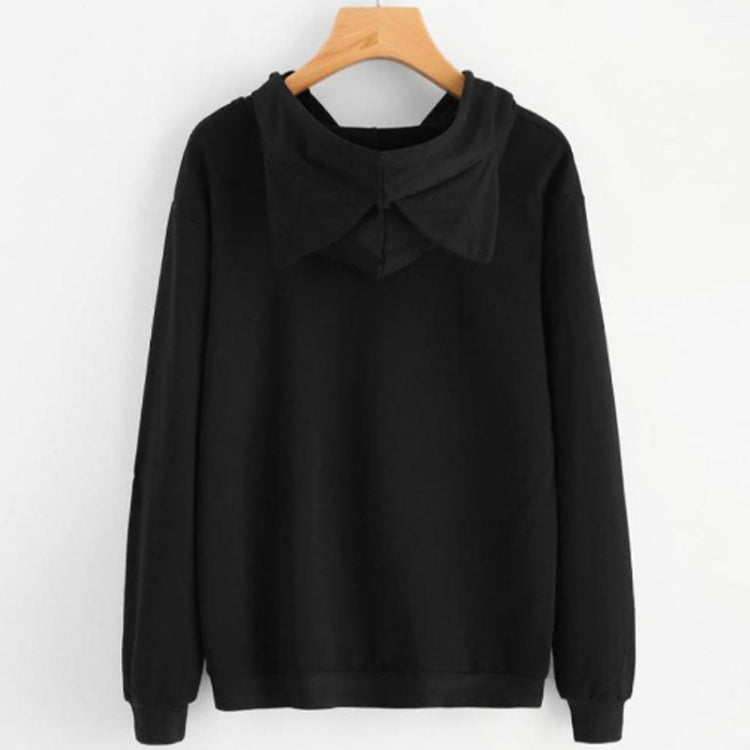 Black hooded sweatshirt with bow detail at back neckline and long sleeves