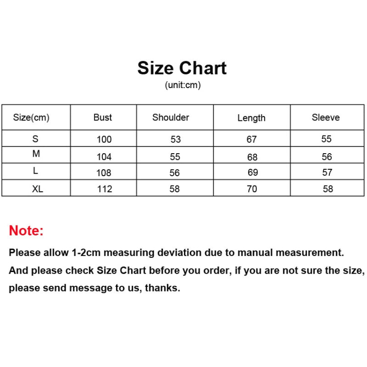 Hoodie size chart table listing measurements for S to XL