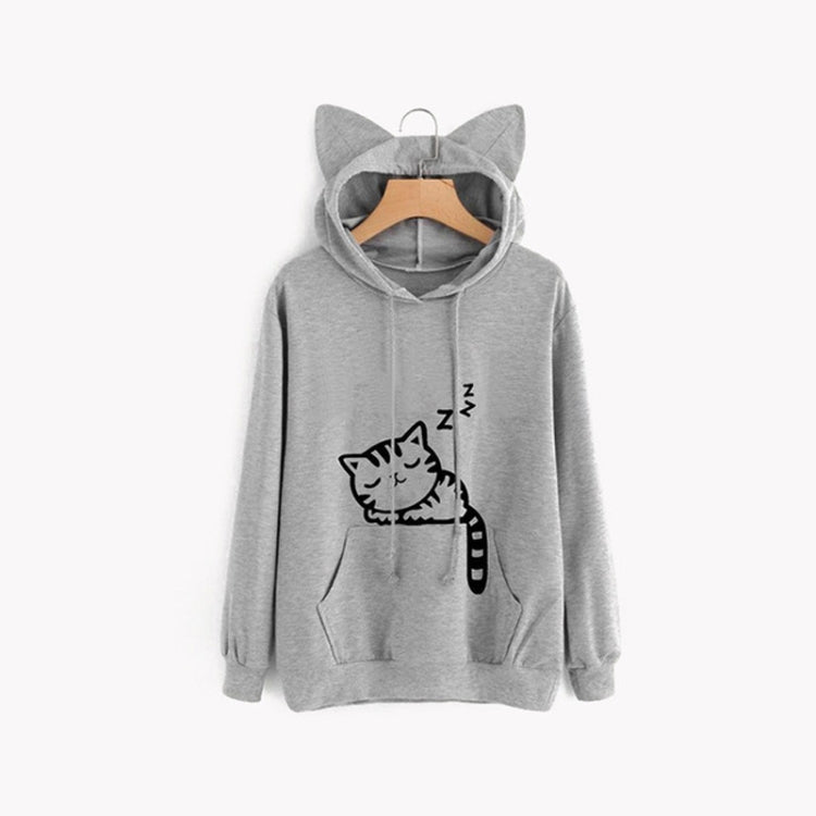 Gray cat-ear hooded sweatshirt with front pocket and white cat graphic