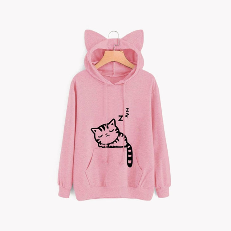 Pink cat-ear hooded sweatshirt with front pocket and black cat sleeping graphic