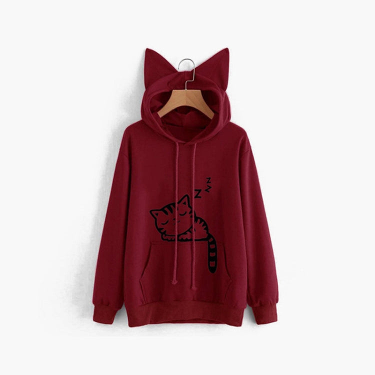 Wine red cat-ear hooded sweatshirt with front pocket and dark cat graphic