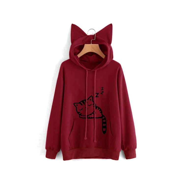 Wine red cat graphic pullover hoodie with hood and front kangaroo pocket