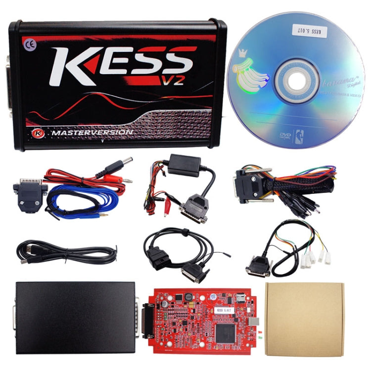 ECU programmer kit with black KESS V2 controller, cables, and interface modules