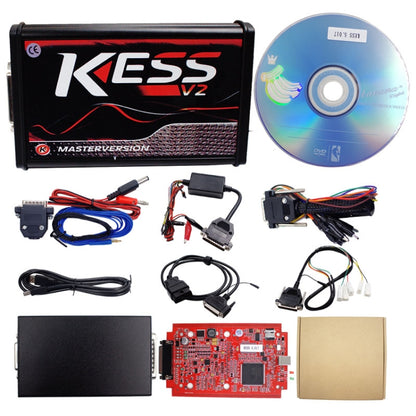 ECU programmer kit with black KESS V2 controller, cables, and interface modules
