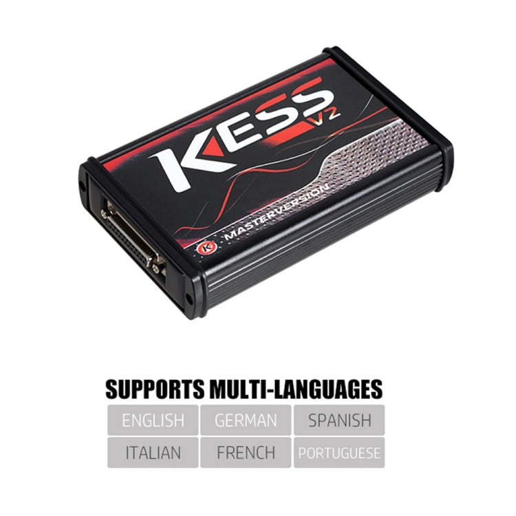 ECU programmer tool with black housing and red KESS logo, master version label