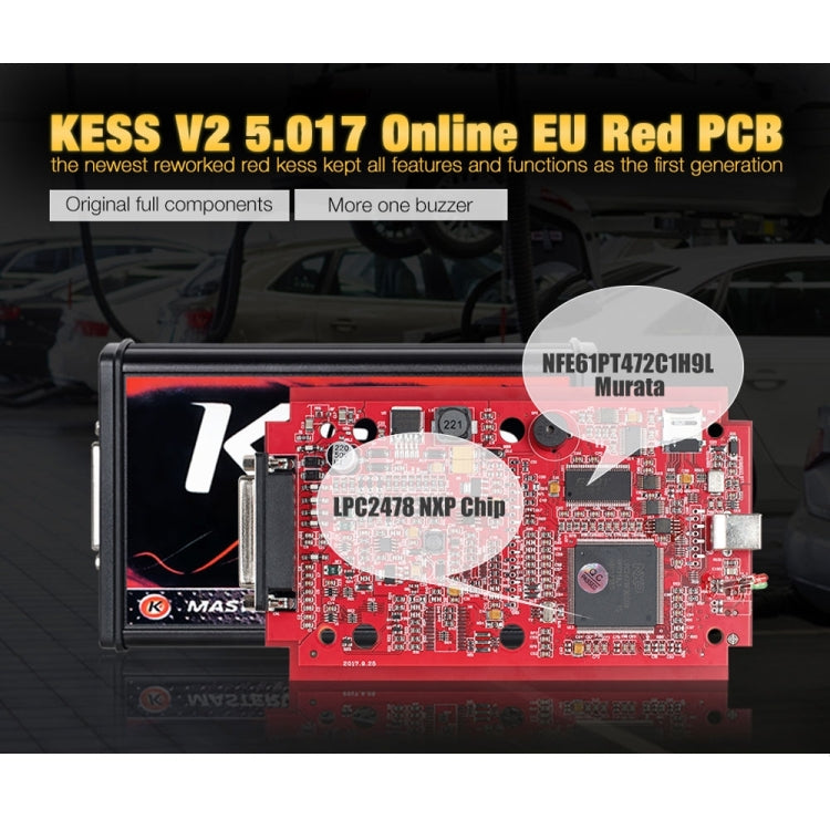ECU programmer circuit board with red PCB and microchips inside rectangular frame