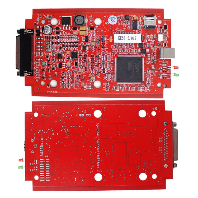Red ECU programming PCB board with integrated chip and connector pads
