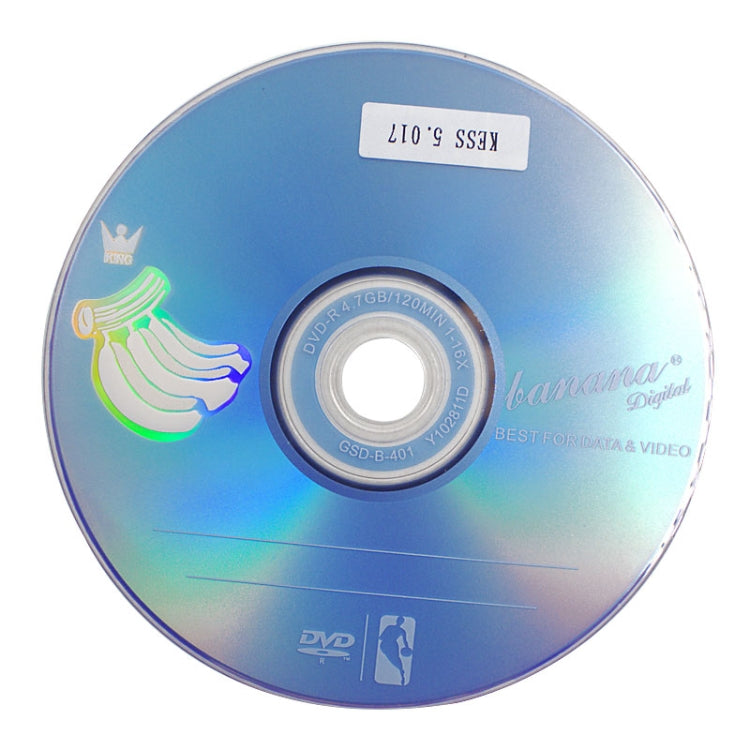 Iridescent software DVD disc with center hole and printed banana digital label