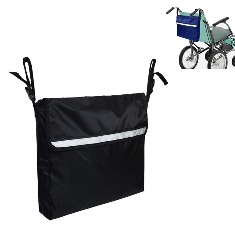 Black wheelchair hanging storage bag with hook straps and front reflective stripe