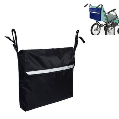 Black wheelchair hanging storage bag with hook straps and front reflective stripe