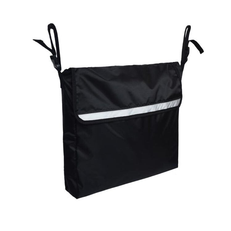 Black wheelchair hanging storage bag with top hook loops and front reflective stripe