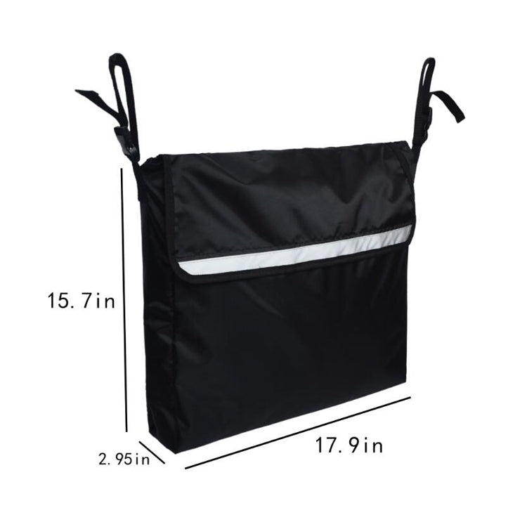 Black wheelchair hanging storage bag with reflective stripe and hanging hook straps