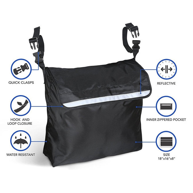 Black wheelchair hanging storage bag with reflective stripe and inner zip pocket