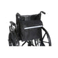 Black wheelchair storage bag attached to wheelchair with reflective front panel