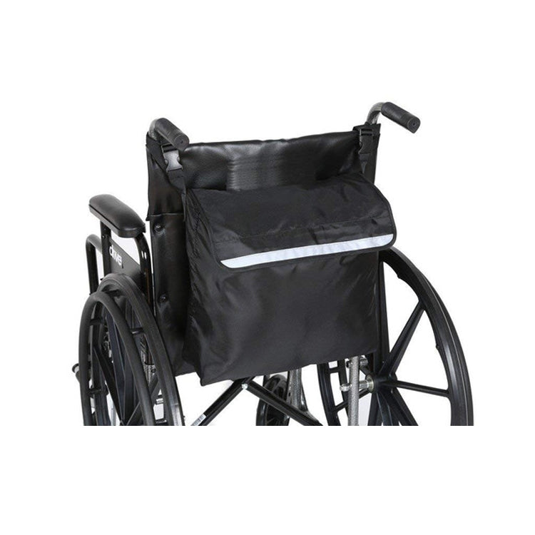 Black wheelchair storage bag attached to wheelchair with reflective front panel