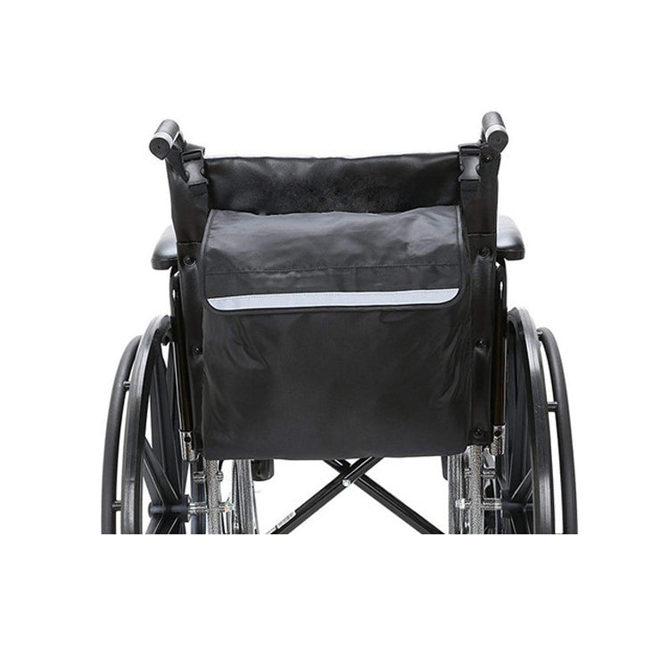 Black wheelchair storage bag mounted on chair with front reflective stripe