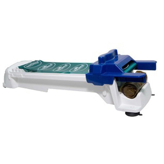 Side view vegetable sushi roll maker tool with blue handle on white base