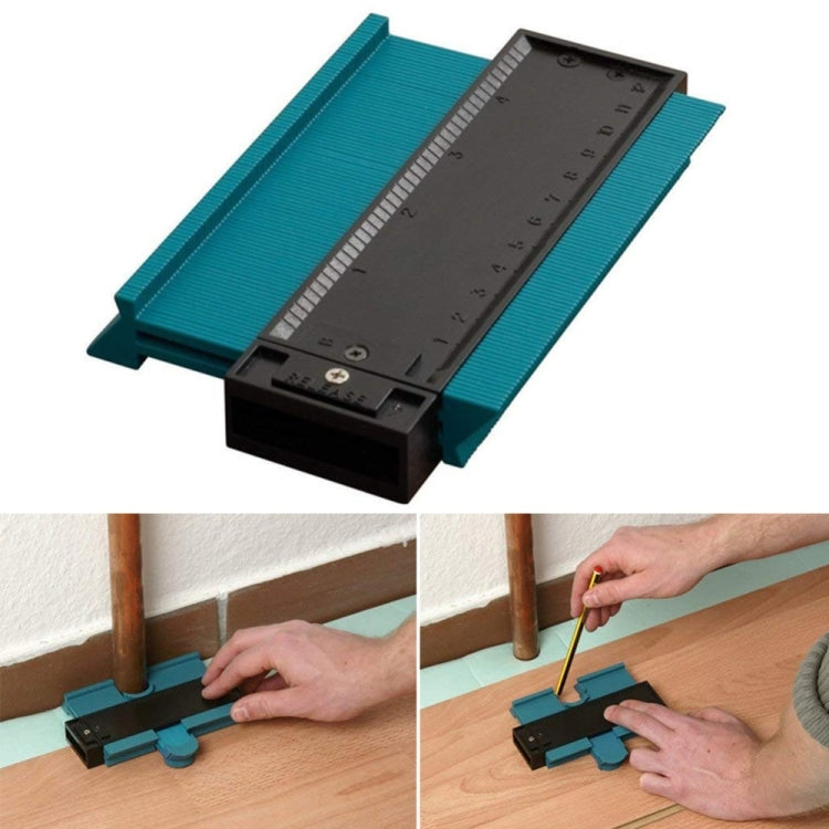 Profile marking tool with pipe tracing on wood, shown in multiple angles