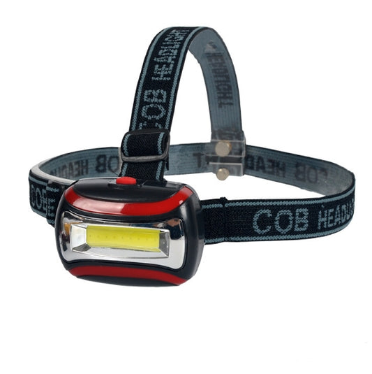 Portable COB LED headlamp with dark fabric head strap and front COB light bar