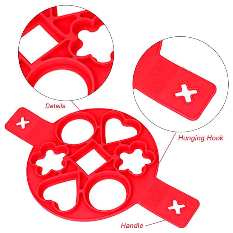 Red silicone egg ring mold with cross handles and multiple egg-shape openings