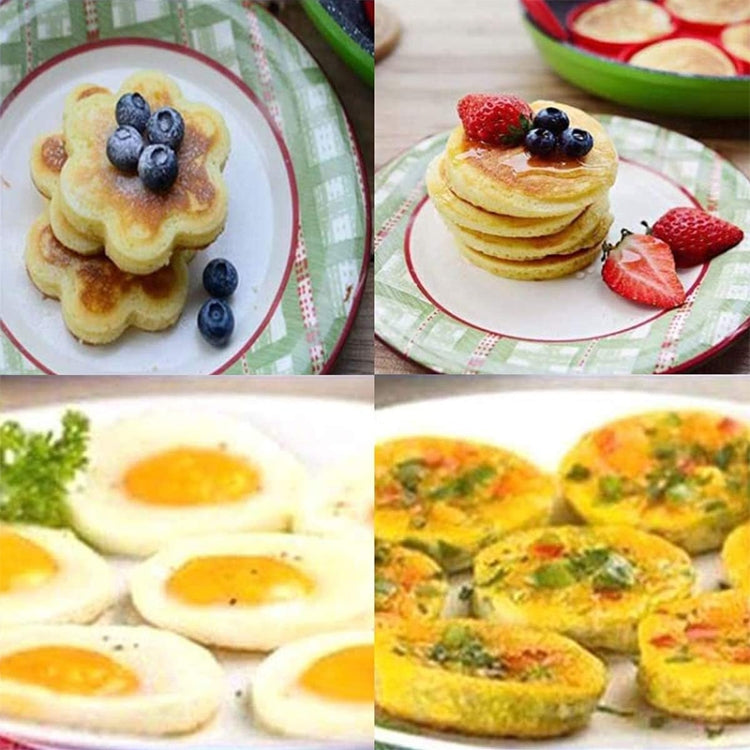 Plate of shaped pancakes and fried eggs with visible heart and circle forms