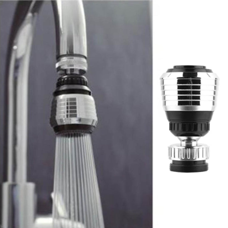 360 rotating water filter tap adapter with mesh outlet, chrome and black design.