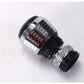Water filter tap adapter with swivel spray head and threaded connection, chrome and black.