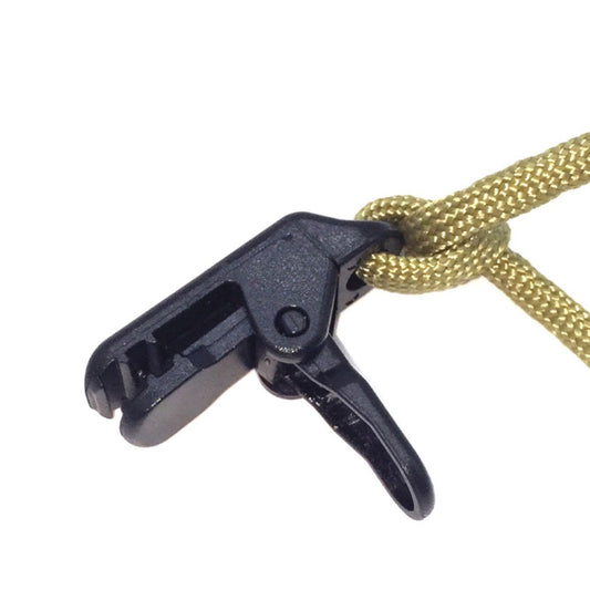 Black tent awning clamp clip with tan rope loop