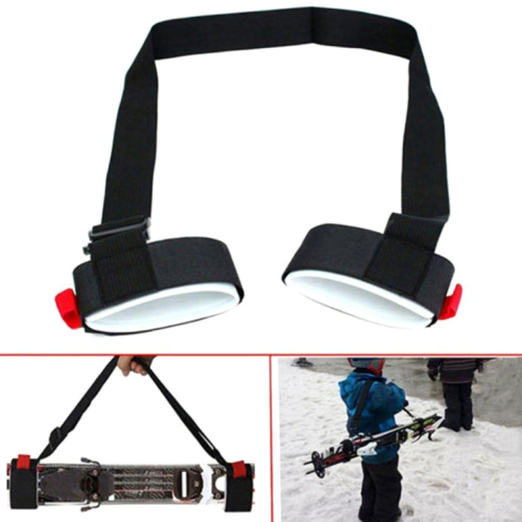 Black snowboard nylon fixed strap with two gray foot pads and red end tabs